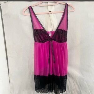 Pink & Black Mesh Babydoll Slip Lingerie Nightie Dress Size Large